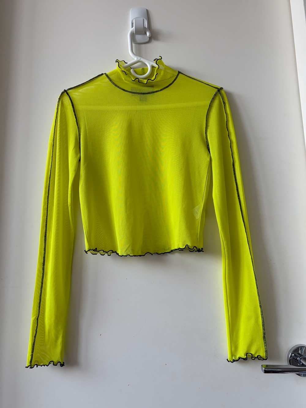 BP + Wildfang Neon Yellow Mesh Long-Sleeve Crop Top with Black Lettuce Hem Sheer